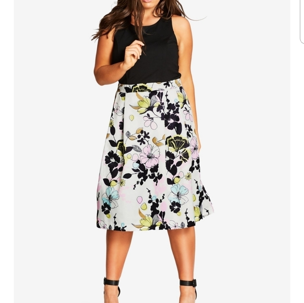City Chic Floral A-Line Midi Dress - Black Top with White Floral Skirt